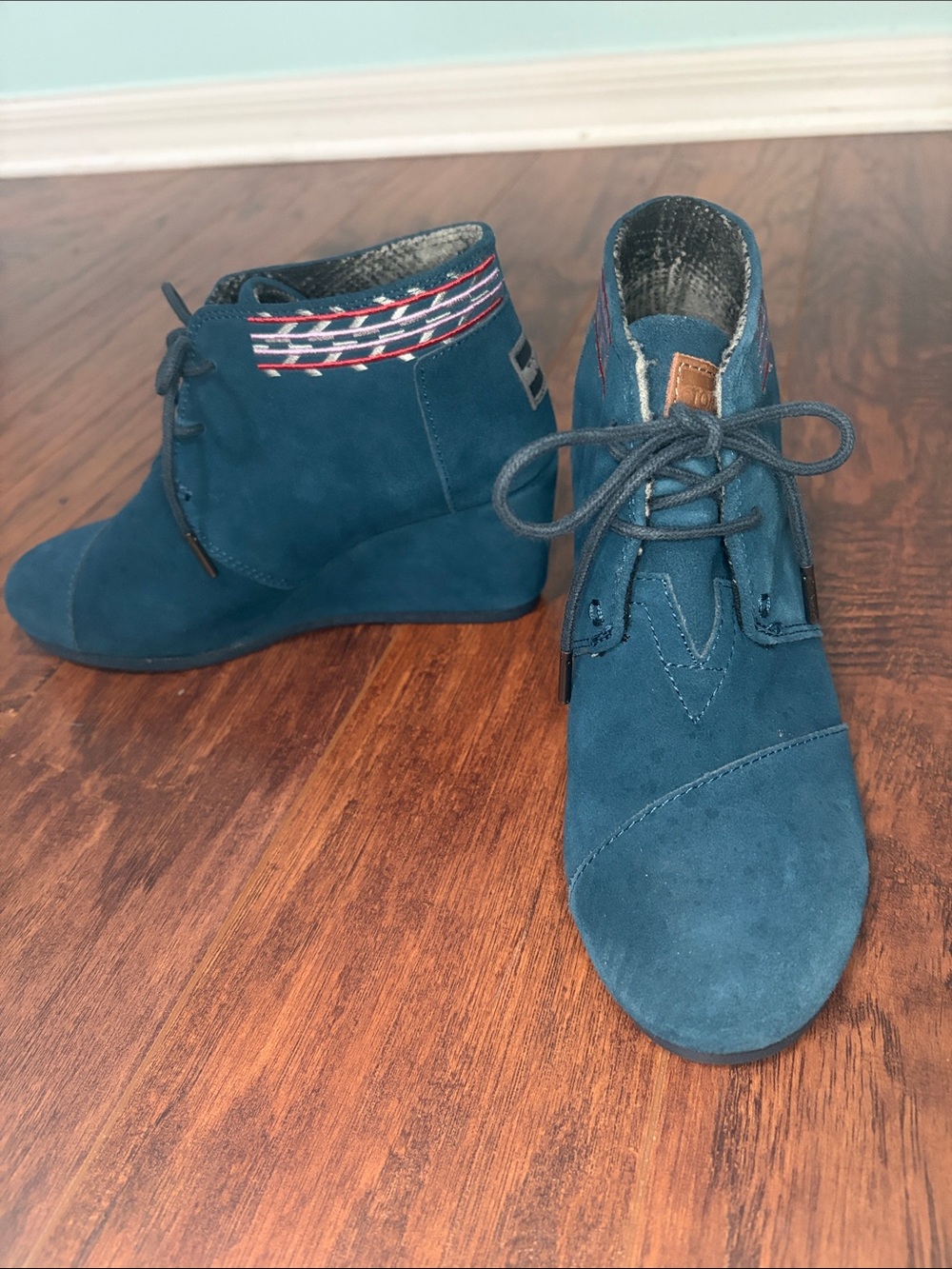 Toms Blue Suede Lace-Up Wedge Ankle Boots - Women